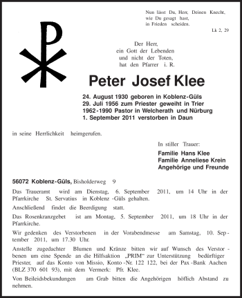 Todesanzeige von Peter Josef Klee von TRIERISCHER VOLKSFREUND