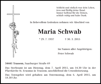 Todesanzeige von Maria Schwab von trierischer_volksfreund