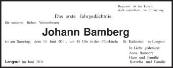 Todesanzeige von Johann Bamberg von TRIERISCHER VOLKSFREUND