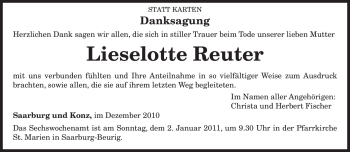 Todesanzeige von Lieselotte Reuter von TRIERISCHER VOLKSFREUND