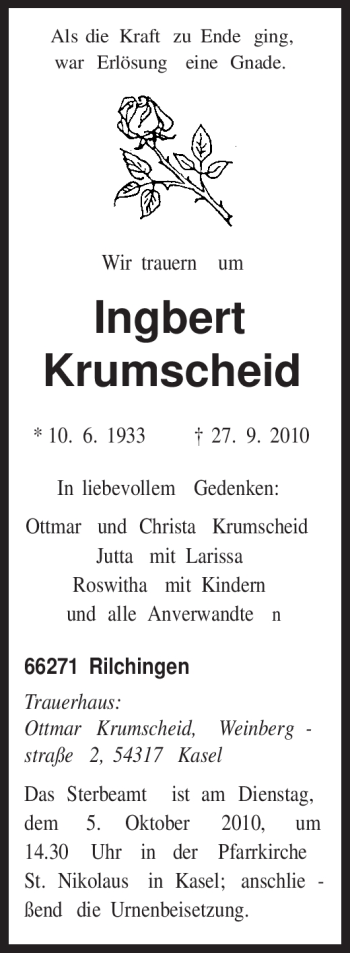 Todesanzeige von Ingbert Krumscheid von TRIERISCHER VOLKSFREUND