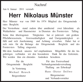 Todesanzeige von Nikolaus Münster von TRIERISCHER VOLKSFREUND