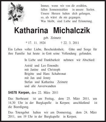 Todesanzeige von Katharina Michalczik von TRIERISCHER VOLKSFREUND