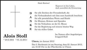 Todesanzeige von Alois Stoll von TRIERISCHER VOLKSFREUND
