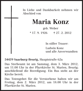 Todesanzeige von Maria Konz von TRIERISCHER VOLKSFREUND
