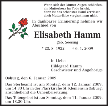 Todesanzeige von Elisabeth Hamm von TRIERISCHER VOLKSFREUND