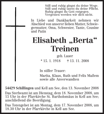 Todesanzeige von Elisabeth Treinen von TRIERISCHER VOLKSFREUND