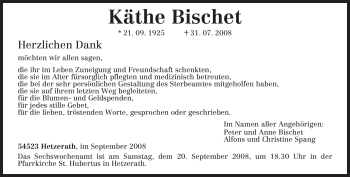Todesanzeige von Käthe Bischet von TRIERISCHER VOLKSFREUND