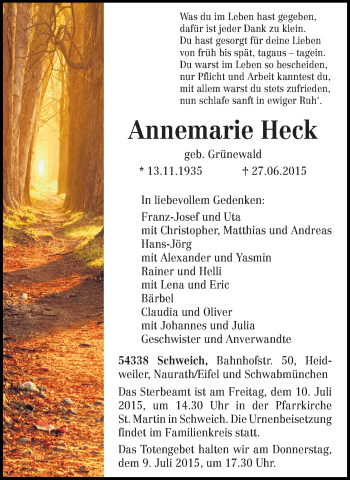 Todesanzeige von Annemarie Heck von trierischer_volksfreund