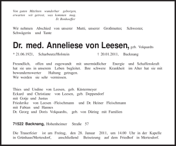 Todesanzeige von Anneliese von Leesen von TRIERISCHER VOLKSFREUND