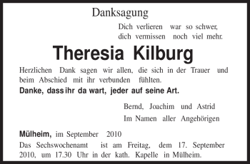 Todesanzeige von Theresia Kilburg von TRIERISCHER VOLKSFREUND