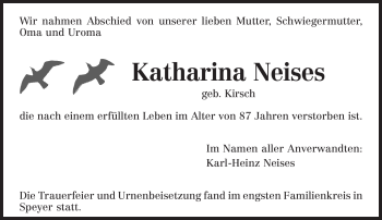 Todesanzeige von Katharina Neises von TRIERISCHER VOLKSFREUND