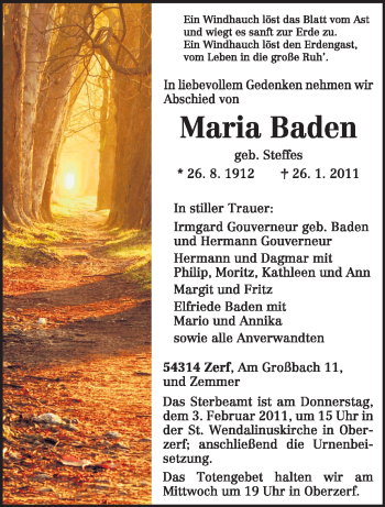 Todesanzeige von Maria Baden von TRIERISCHER VOLKSFREUND