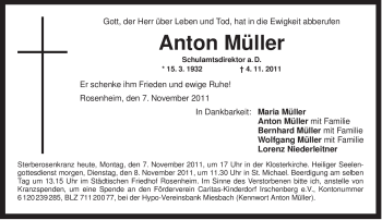 Todesanzeige von Anton Müller von TRIERISCHER VOLKSFREUND