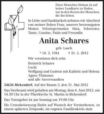Todesanzeige von Anita Schares von TRIERISCHER VOLKSFREUND