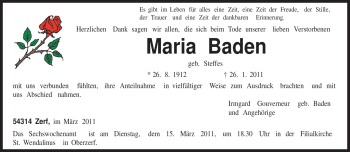 Todesanzeige von Maria Baden von TRIERISCHER VOLKSFREUND