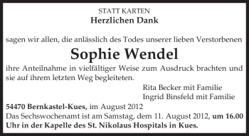 Todesanzeige von Sophie Wendel von TRIERISCHER VOLKSFREUND