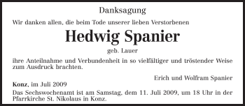 Todesanzeige von Hedwig Spanier von TRIERISCHER VOLKSFREUND