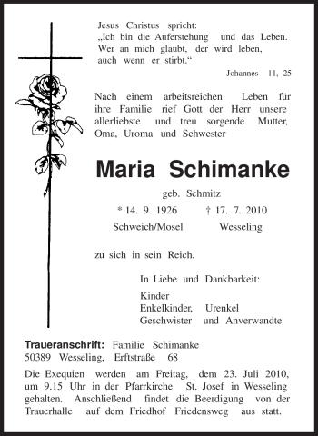 Todesanzeige von Maria Schimanke von TRIERISCHER VOLKSFREUND