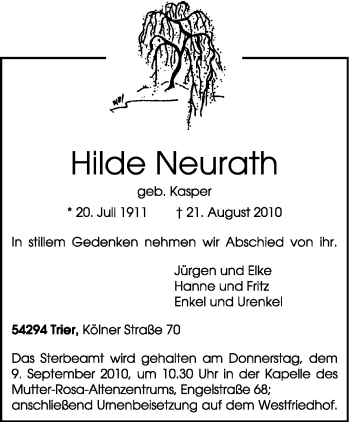 Todesanzeige von Hilde Neurath von TRIERISCHER VOLKSFREUND