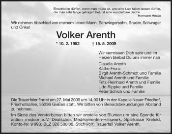 Todesanzeige von Volker Arenth von TRIERISCHER VOLKSFREUND