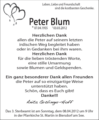 Todesanzeige von Peter Blum von TRIERISCHER VOLKSFREUND
