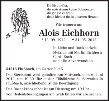 Todesanzeige von Alois Eichhorn von TRIERISCHER VOLKSFREUND