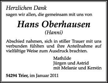 Todesanzeige von Hans Oberhausen von TRIERISCHER VOLKSFREUND