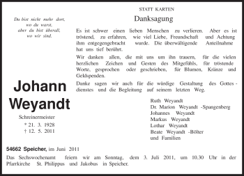 Todesanzeige von Johann Weyandt von TRIERISCHER VOLKSFREUND
