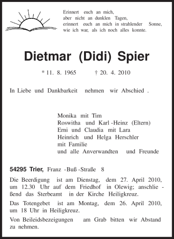 Todesanzeige von Dietmar Spier von TRIERISCHER VOLKSFREUND
