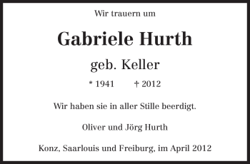 Todesanzeige von Gabriele Hurth von TRIERISCHER VOLKSFREUND