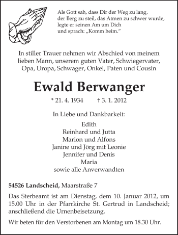 Todesanzeige von Ewald Berwanger von TRIERISCHER VOLKSFREUND