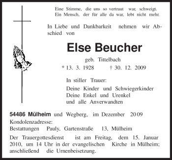 Todesanzeige von Else Beucher von TRIERISCHER VOLKSFREUND