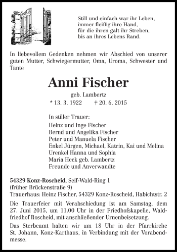 Todesanzeige von Anni Fischer von trierischer_volksfreund