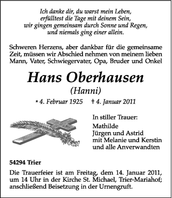 Todesanzeige von Hans Oberhausen von TRIERISCHER VOLKSFREUND
