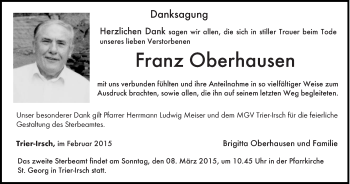 Todesanzeige von Franz Oberhausen von trierischer_volksfreund