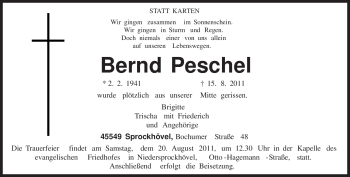 Todesanzeige von Bernd Peschel von TRIERISCHER VOLKSFREUND