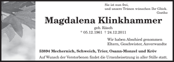 Todesanzeige von Magdalena Klinkhammer von TRIERISCHER VOLKSFREUND