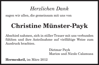 Todesanzeige von Christine Münster-Payk von TRIERISCHER VOLKSFREUND