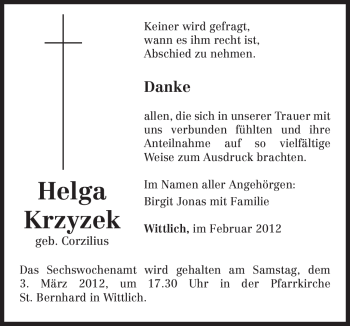 Todesanzeige von Helga Krzyzek von TRIERISCHER VOLKSFREUND