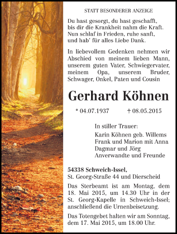 Todesanzeige von Gerhard Köhnen von trierischer_volksfreund