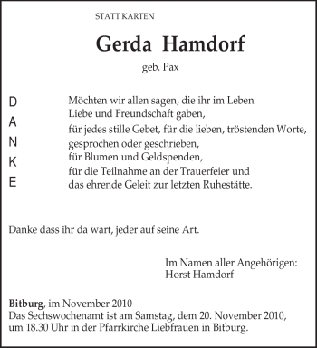 Todesanzeige von Gerda Hamdorf von TRIERISCHER VOLKSFREUND
