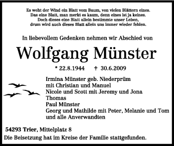 Todesanzeige von Wolfgang Münster von TRIERISCHER VOLKSFREUND