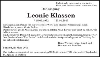 Todesanzeige von Leonie Klassen von trierischer_volksfreund
