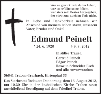Todesanzeige von Edmund Peinelt von TRIERISCHER VOLKSFREUND