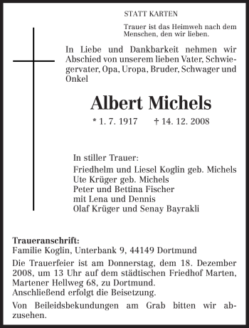 Todesanzeige von Albert Michels von TRIERISCHER VOLKSFREUND