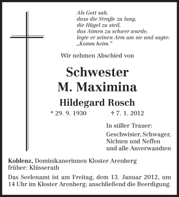 Todesanzeige von Hildegard Rosch von TRIERISCHER VOLKSFREUND
