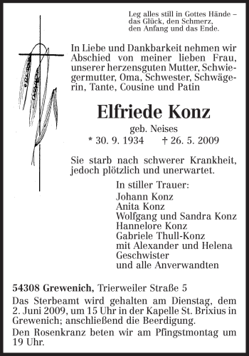 Todesanzeige von Elfriede Konz von TRIERISCHER VOLKSFREUND