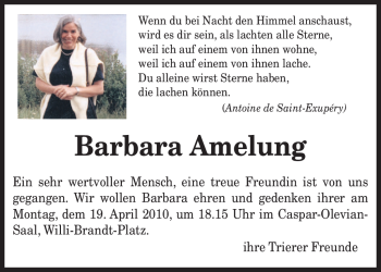 Todesanzeige von Barbara Amelung von TRIERISCHER VOLKSFREUND