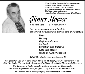 Todesanzeige von Günter Hoever von trierischer_volksfreund